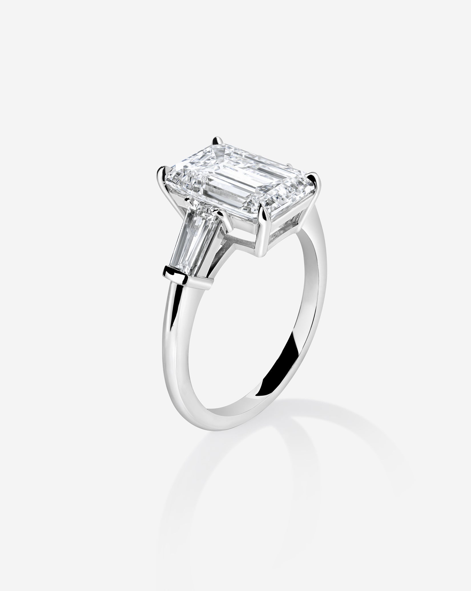 3.06 Emerald Lab Diamond in Whisper Thin® Three Stone with Tapered Baguettes