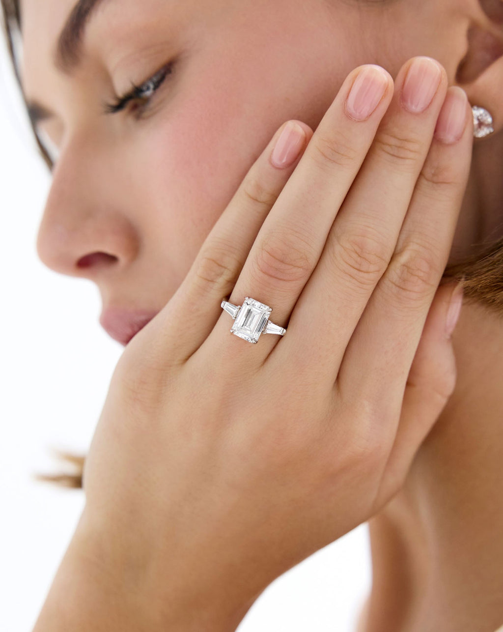 3.06 Emerald Lab Diamond in Whisper Thin® Three Stone with Tapered Baguettes