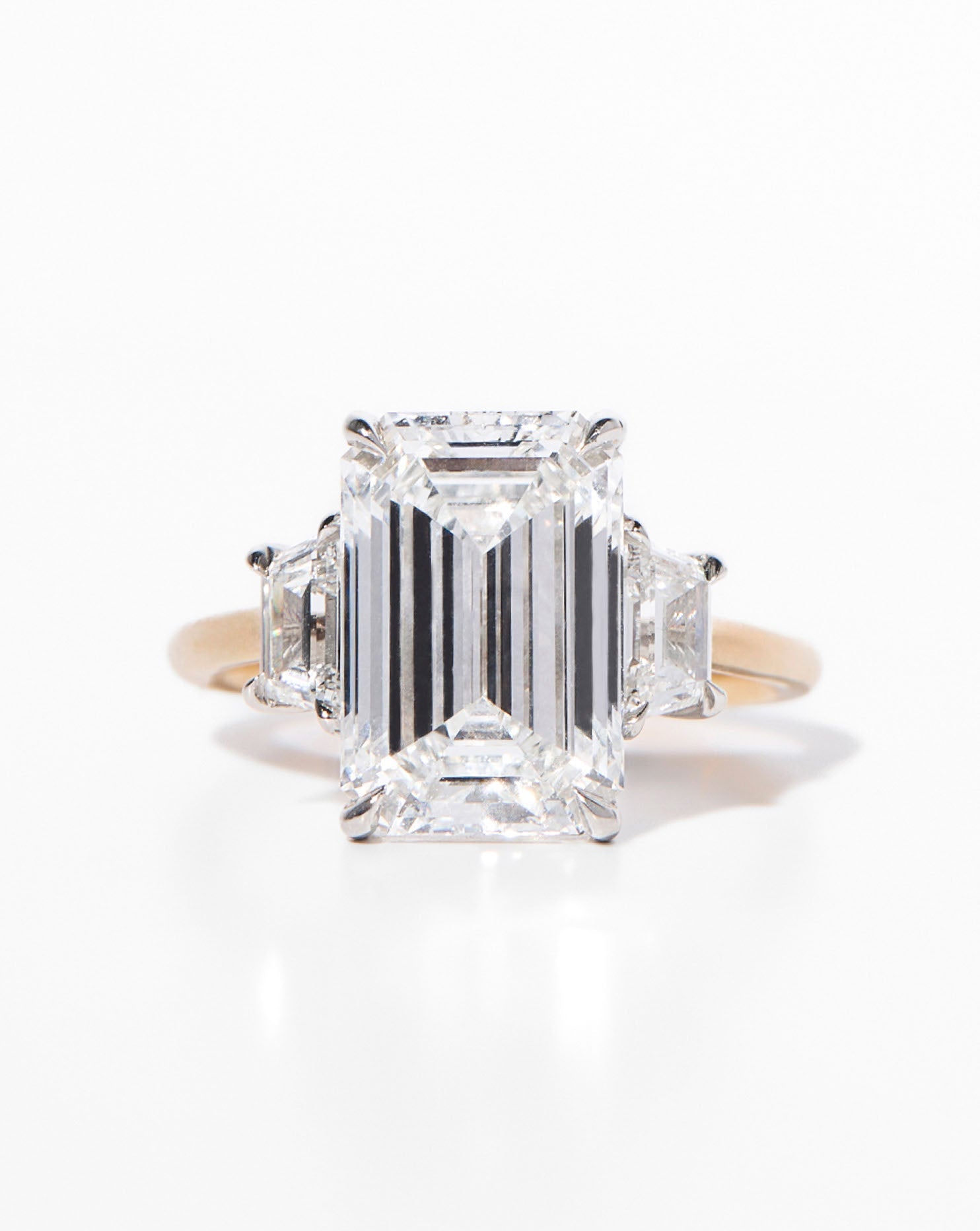 3.56 Emerald Lab Diamond in Whisper Thin® Three Stone with Trapezoids